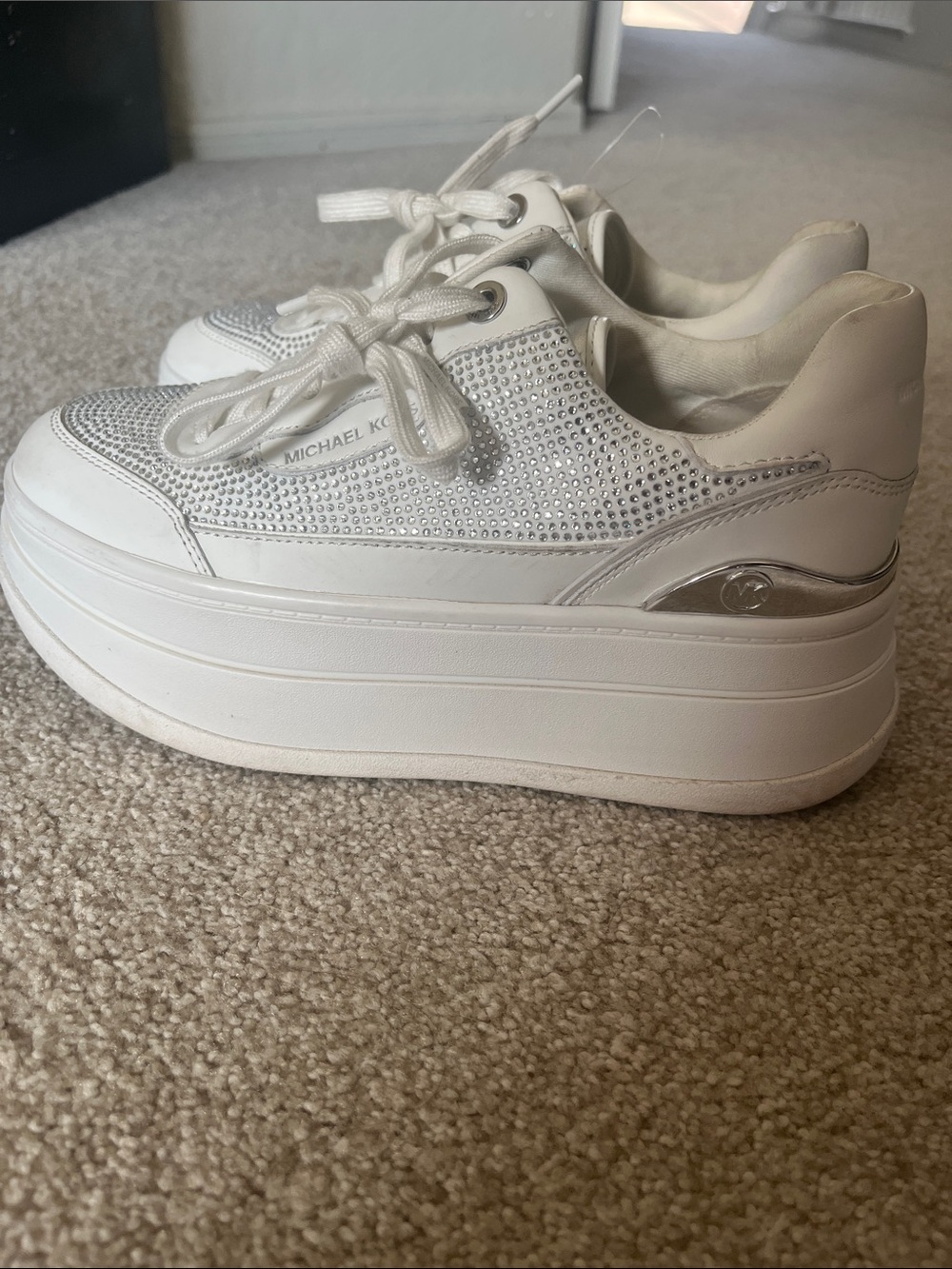 MICHAEL Michael Kors Hayes White and Silver Lace Up Rhinestone Sneakers, 6 - Picture 4 of 5